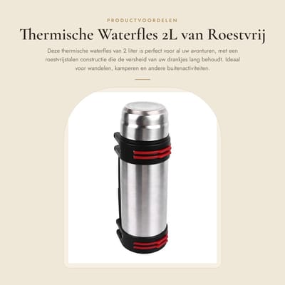 Dailygoods- Thermische Waterfles 2 Liter - Roestvrij Staal - Lekvrij Deksel - Draagbare Handgreep - Geïsoleerde Functie - Ideaal voor Wandelen - Drinkfles