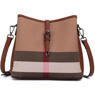 Canvas Geruite Bucket Bag voor Dames Nieuwe Stijl Schouderbanden Modieus Veelzijdig Eénschouder Crossbody Tas brown