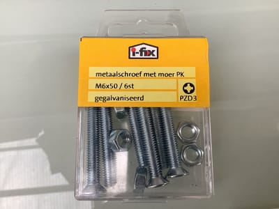 Bouten met moer. M6 x 50mm. lang. Platkop-Kruiskop-PZD-2. 6 stuks gegalvaniseerd. Metaalschroef. Ifix.