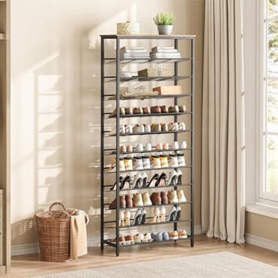 Hoog schoenenrek met grote capaciteit – 12 niveaus voor 44-55 paar schoenen – afmetingen 75 x 28,5 x 194,5 cm – verstelbare metalen planken – praktische schoenenopbergunit in zwart.