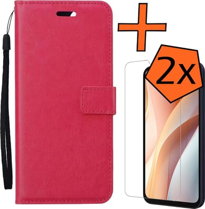 Hoes - Met 2x Screenprotector - Geschikt voor Samsung Galaxy A15 - Luxe Pasjeshouder - Bookcase Portemonee - Flip Case - Kunstleer Book Case - Flipcase Hoes - Book Cover - Walletcase - PortemonneeHoes - Donkerroze