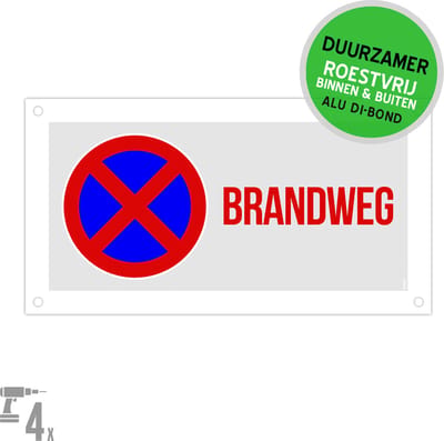 Pictogram/ bord Dibond + boorgaten | "Brandweg" | 30 x 15 cm | Inrit niet blokkeren | Hulpdiensten | Brand | Nooduitgang | 1 stuk