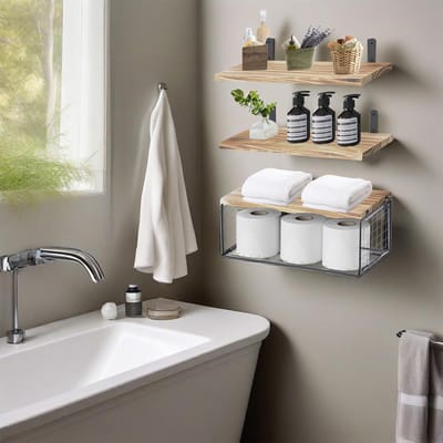REDOM Douche rek Badkamer rek Douche organizer – Wandplank met toiletpapiermand ruimtebesparend multifunctioneel muurrek – Hout & metaal – Landelijk design – Bruin