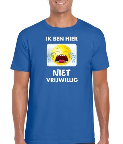 Blauw feest shirt - Ik ben hier niet vrijwillig met emoticon voor heren S