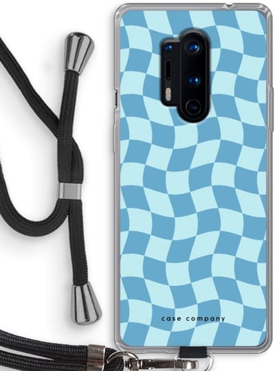 Case Company® - Hoesje met koord geschikt voor OnePlus 8 Pro hoesje met Koord - Grid Blauw - Telefoonhoesje met Zwart Koord - Bescherming aan alle Kanten en Over de Schermrand