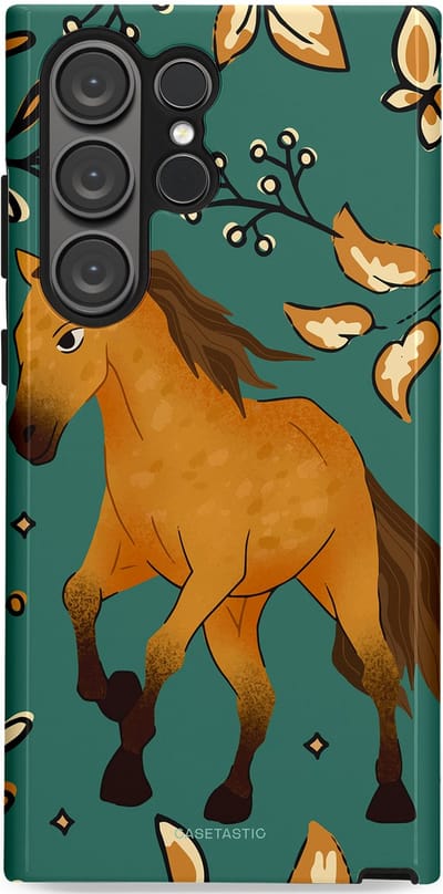 Casetastic Hoesje Geschikt voor Samsung S23 Ultra - Stijlvolle Beschermende Duo-layer Case - Groene bruine Paarden elegantie - Paris