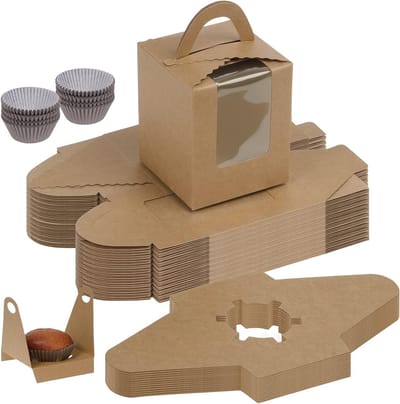 50 Stuks Individuele Cupcake Dozen met 100 Stuks Papieren Cupcake Deksel, Bruine Dozen met Venster voor Verjaardagen, Bruiloften en Feestjes, Ideaal voor Bakkerijen en Cadeaus