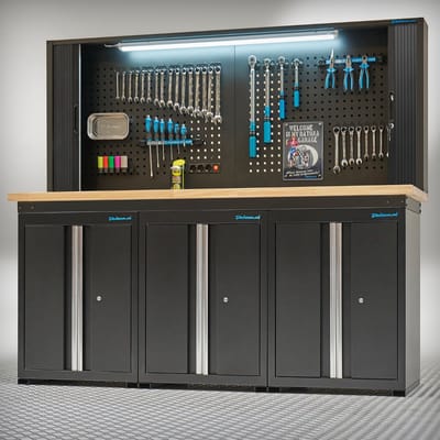 Datona® Werkbank PRO eiken - 3 opbergkasten - 1 gereedschapskasten - 200 cm - Zwart