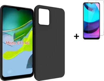 MoDo hoesje geschikt voor Motorola Moto E13 - Siliconen/TPU/Kunststof Back Cover - Zwart met screenprotector