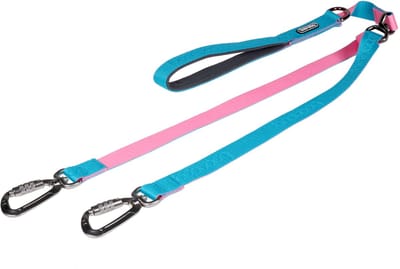 Boondog Dual Leash - Hondenriem voor 1 of 2 Honden - 2 Bevestigingspunten - Draaikoppeling - Verstelbaar - Extra Controle - Aqua/Pink - Maat S