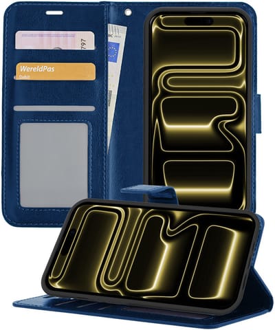 Hoesje - Met Pasjeshouder - Geschikt voor Apple iPhone 17 Pro - Luxe Bookcase Portemonee - Flip Case - Kunstleer Book Case - Flipcase - Book Cover - Walletcase - Portemonneehoes - Telefoonhoesjes - Donkerblauw