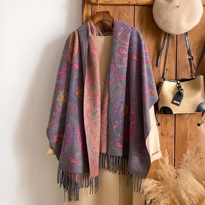 Mode Winter Warm Kasjmier Sjaal - Dames Met Kwastjes Vintage Bloemen Olieverf Afdruk Pashmina Dikke Sjaal & Poncho black