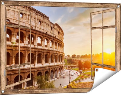 Gards Tuinposter Doorkijk Colosseum bij Zonsondergang in Italïe - 90x60 cm - Tuindoek - Tuindecoratie - Wanddecoratie buiten - Tuinschilderij