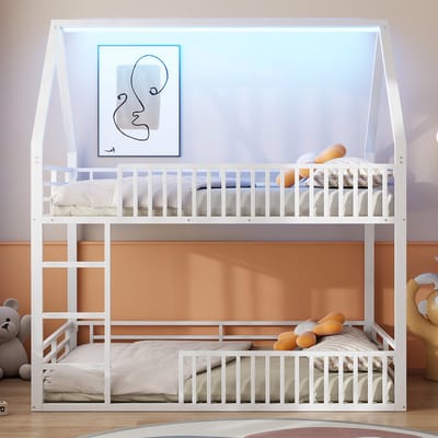 Huizenbed - Met Led-Verlichting En Veiligheidsspijlen - Houten Stapelbed 140x200 cm - Wit - Kinderbed Met Speelruimte En 7 Kleuren Led