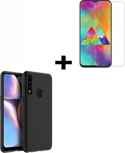 Geschikt voor Samsung Galaxy A20s Hoes Cover TPU Siliconen Hoesje Zwart + Screenprotector Tempered Gehard Glas Pearlycase