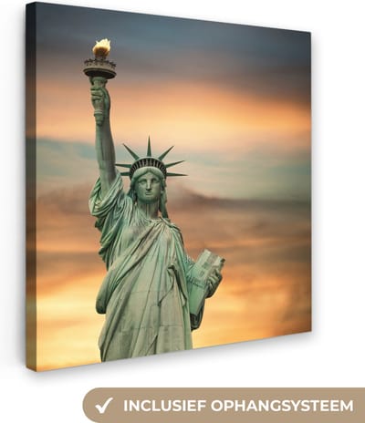 Canvas Schilderij New York - Vrijheidsbeeld - Zonsondergang - 20x20 cm - Wanddecoratie