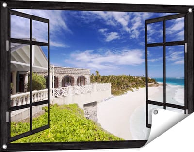 Gards Tuinposter Doorkijk Het Strandhuis - 90x60 cm - Tuindoek - Tuindecoratie - Wanddecoratie buiten - Tuinschilderij