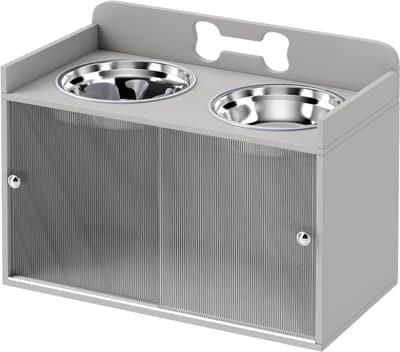 Daity Een verhoogd voerstation voor huisdieren met twee voerbakken en een kastje, gemaakt van MDF en roestvrij staal, met een botmotief (grijs).