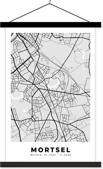 Posterhanger incl. Poster 40x60 cm - Schoolplaat - Plattegrond – Mortsel – Zwart Wit – Stadskaart - Kaart - Textielposter - Zwarte latten - Stadskaart