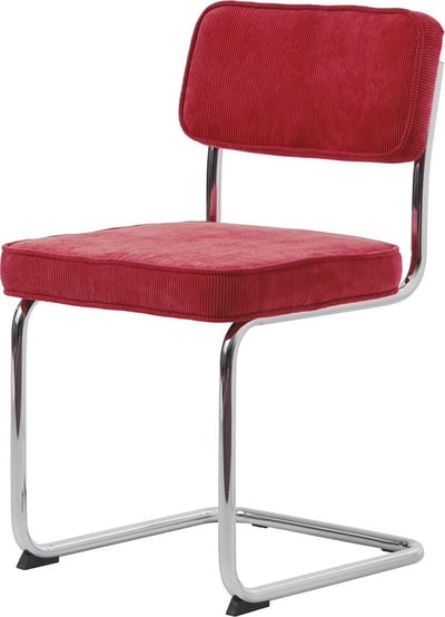 Set van 4 Ruffle eetkamerstoel in rode stof en chromen onderstel.