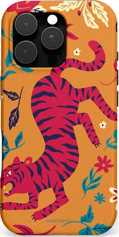 Casetastic hoesje geschikt voor Apple iPhone 16 Pro - MagSafe - Dubbellaagse bescherming - Zonnetijger - Fashion Case - Okergeel Terracotta Bordeaux Donkerblauw