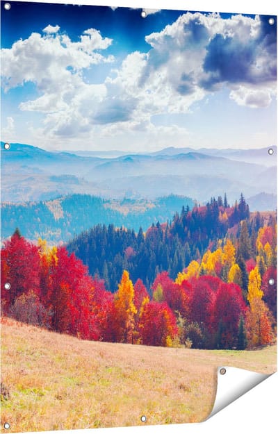 Gards Tuinposter Kleurrijke Herfstbos met Heuvellandschap - 90x120 cm - Tuindoek - Tuindecoratie - Wanddecoratie buiten - Tuinschilderij
