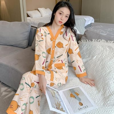Dames Pyjama Set Katoen Knopen Nieuw Koreaans Schattige Print Pijamas Set voor Vrouwen Femme Nachtkleding Loungewear Herfst Nachtkleding M gray