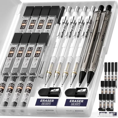 PromoHome 6-delig Mechanische Potlood Set Tekenen Schrijven Schetsen met 4 Tekenen Potloden 0.3 & 0.5 & 0.7 & 0.9 mm & 2 Loodhouders 2mm + 12 Loodvullingen Gummen Slijper Opbergkoffer