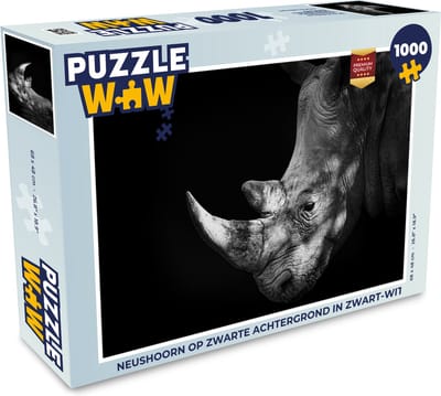 Puzzel Neushoorn op zwarte achtergrond in zwart-wit - Legpuzzel - Puzzel 1000 stukjes volwassenen