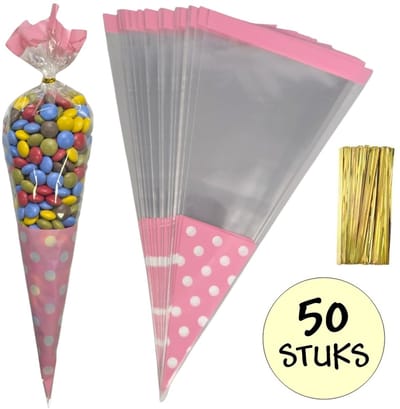 50x Cellofaan Puntzakken Roze Stippen 37x18cm - Uitdeelzak - Traktatie Zak - Snoepzak - Inclusief Sluitstrips - 18x37cm - Roze - 50 Stuks
