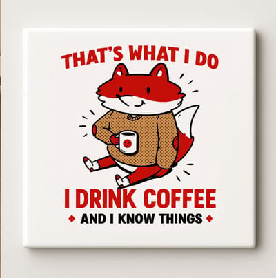 That’s What I Do I Drink Coffee and I Know Things Grappige Vos Tegel 15x15cm – Humoristische Wanddecoratie, Perfect Cadeau voor Koffieliefhebbers en Slimme Denkers