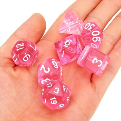 Polyset Dice | Dobbelstenen - Set Van 7 Stuks - Roze Wit Doorzichtig Transparant| Voor D&D en Andere Rollenspellen | Plastic Dobbelstenen Set voor Dungeons and Dragons | Polyhedral Dice Set | Met Mooie Zwarte Velvet Dice Bag voor Ongeveer 3 Sets
