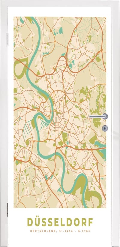 Deursticker Düsseldorf - Stadskaart - Plattegrond - Vintage - Kaart - 95x235 cm - Deurposter