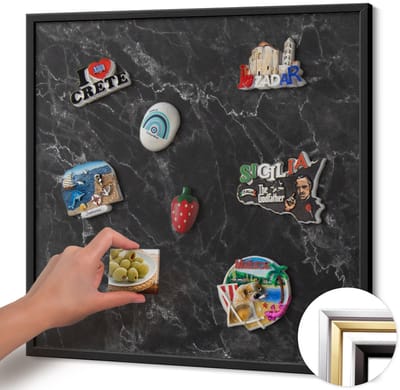 Wallfluent - Zwart Magneetbord met Patronen - 50 cm x 50 cm - Magneetbord met Zwarte Frame - Elegant zwart marmer - Magnetisch Bord voor aan de Wand - Magnetisch Bord Decoratief - Magneetbord met Effen Frame