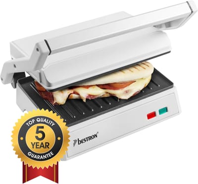 Bestron Contactgrill - APM124W - 1000W - Tosti apparaat - 22,5x14cm bakoppervlak - Wit - 5 jaar garantie