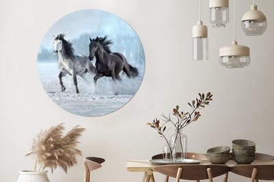 WallCircle - Wandcirkel - Muurcirkel - Paarden - Winter - Dieren - Natuur - Sneeuw - Aluminium - Dibond - 140x140 cm - Binnen en Buiten