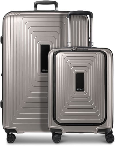 Redolz Essentials 14 4-wiel kofferset 2 stuks laptopvak met rekbare vouw - Harde bagage - TSA slot - coffee grey metallic