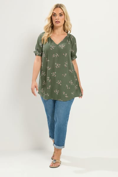 Yours Groene Blouse Met Bloemenprint En Inkeping In De Hals Size 42