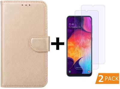 Hoesje Geschikt Voor Samsung Galaxy A50s/A30s Portemonnee hoesje - Goud Met 2 stuks Glazen screenprotector