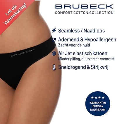 Brubeck Dames String – Naadloos (Seamless) Elastisch Katoen - - Zwart - S