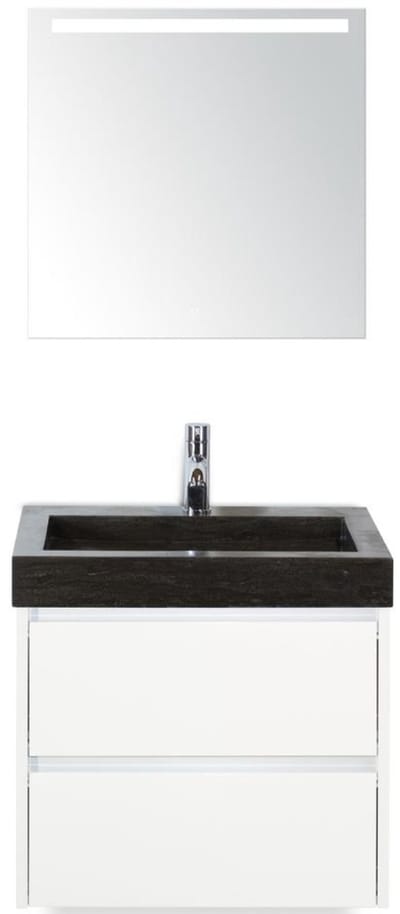 Dante Badmeubelset 60 cm - Wit Hoogglans - Wastafel Hardsteen Wit Lucca met Sence Spiegel