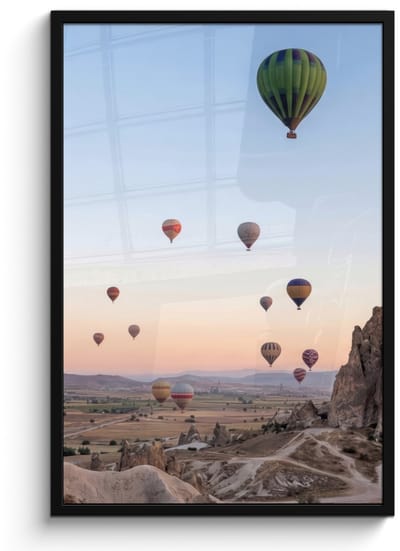 Poster in lijst - Fotolijst 60x90 cm - Posters - Luchtballonnen - Rotsen - Zonsopgang - Posterlijst zwart - Decoratie - Wanddecoratie woonkamer - Muurdecoratie slaapkamer
