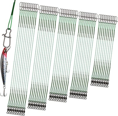 Set van 50 Stalen Voorzakken voor Snoekvissen met Carabiner en Vertebra - 5 Maten, Roestvrij Staal, Bijtbestendig, Visspullen, Groene Voorzakken van 10/15/20/25/30 cm
