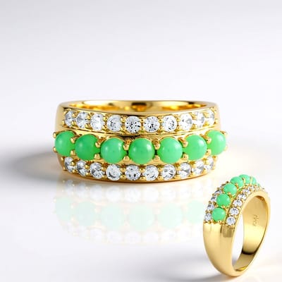 Cavill - 925 Sterling Zilver Vergulde Ring - 7x 3mm Chrysopraas Cabochon & 20x 2mm Zirkonen - Elegante, Brede Groene Edelsteen Ring voor Dames