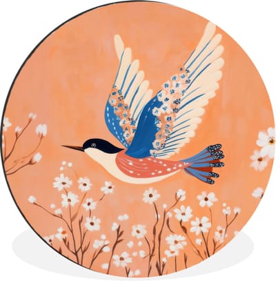 WallCircle - Wandcirkel - Muurcirkel - Vogel - Bloesemtakken - Warm - Kleurrijk - Aluminium - Dibond - 30x30 cm - Binnen en Buiten