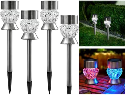 longziming -Zonne Lamp Tuinverlichting - Buitenlamp Met Diamant Glas - LED Sfeerverlichting - Automatische Dämmerungssensor - RGB Of Koud Wit - Roestvrij Staal En Glas - Voor Tuin Terras Balkon - 4 Stuk