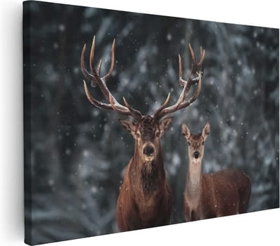 Artaza Canvas Schilderij Hertenkop Met Gewei - 30x20 cm - Klein - Muurdecoratie Winterbos - Wanddecoratie Sneeuw - Kamer Accessoires