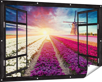 Gards Tuinposter Doorkijk Kleurrijke Tulpen Bloemenveld - Windmolen - 150x100 cm - Tuindoek - Tuindecoratie - Wanddecoratie buiten - Tuinschilderij