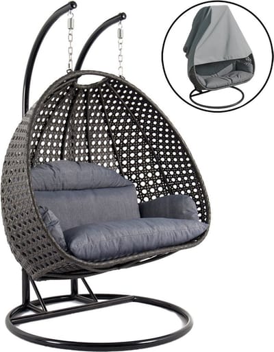 Ogarden Hangstoel Dubai met Weerhoes - 2 Persoons Hangstoel met Zwart Standaard - Luxe Kussen - Voor Binnen & Buiten