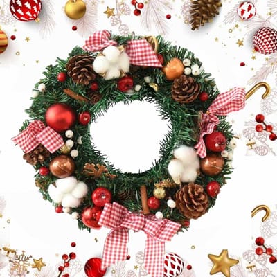 Kerstkrans -Kerstkransen met Decoraties (35cm)-Groen-met Rode Kerstballen enn katoen- kerstversiering-Kerstdecoratie-Kerstmis